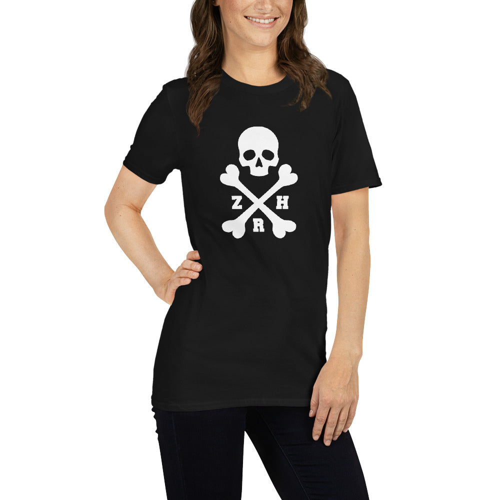 ZRH Totenkopf mit weißem Text Kurzarm Unisex T-Shirt