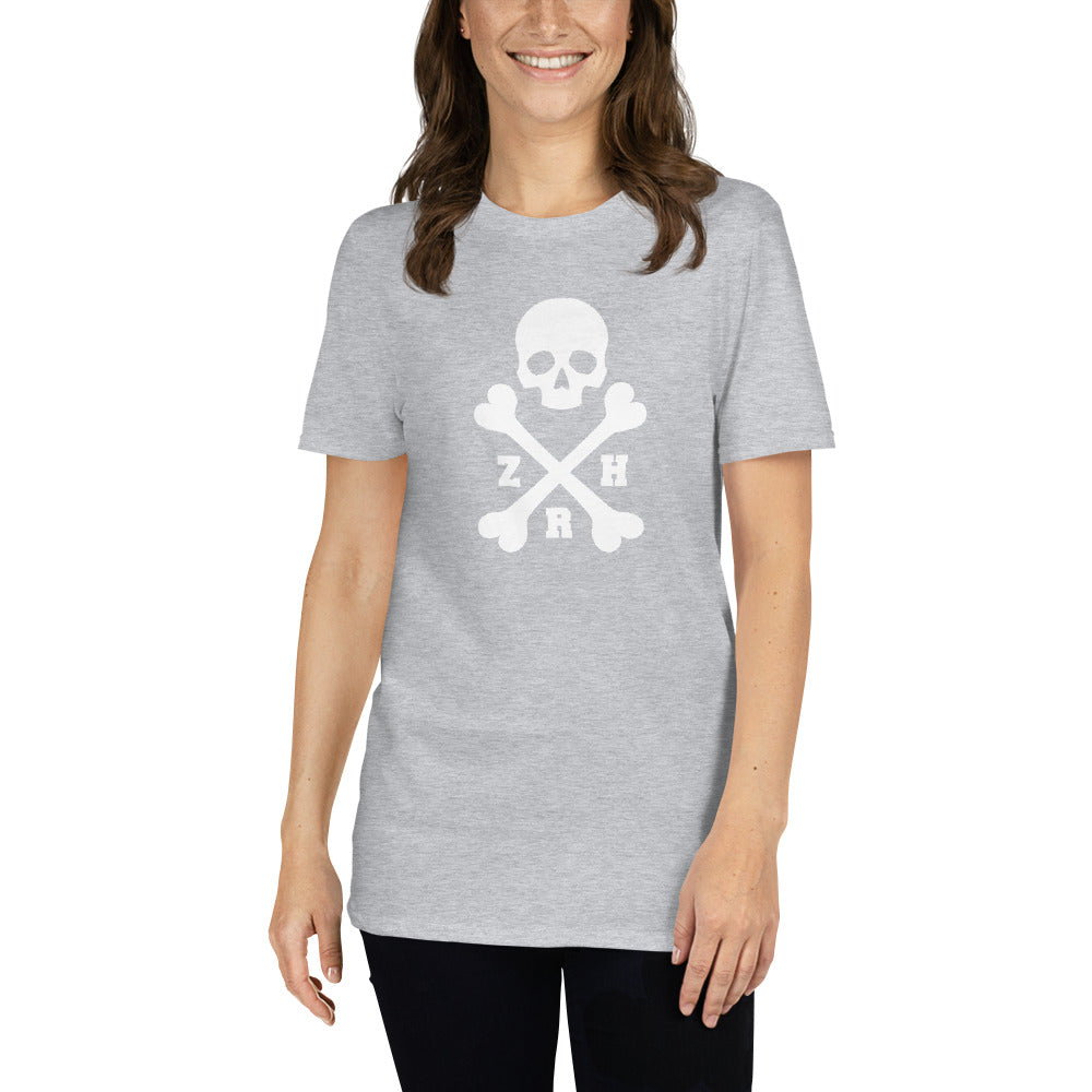 ZRH Totenkopf mit weißem Text Kurzarm Unisex T-Shirt